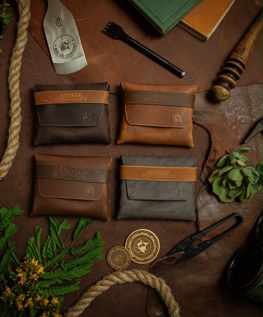 Origami Card Holder Wallets by zazone — lifestyle flat lay showing all colour variants on rustic surface