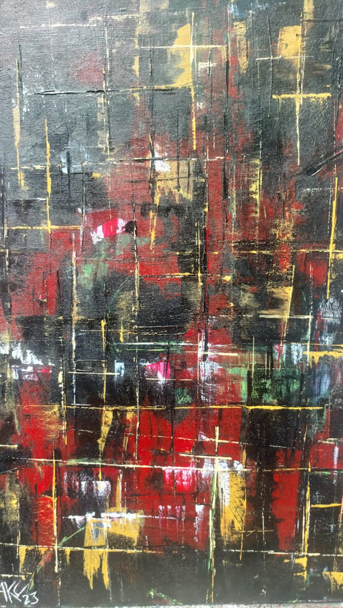 Accomplishment - original acrylic portrait by Yaku, deep reds blacks and gold on textured canvas