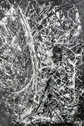 Crescendo in Black & White - original acrylic portrait by Yaku, frantic white scratched lines exploding across black canvas
