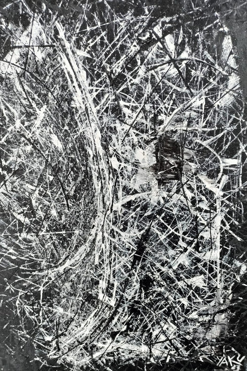 Crescendo in Black & White - original acrylic portrait by Yaku, frantic white scratched lines exploding across black canvas