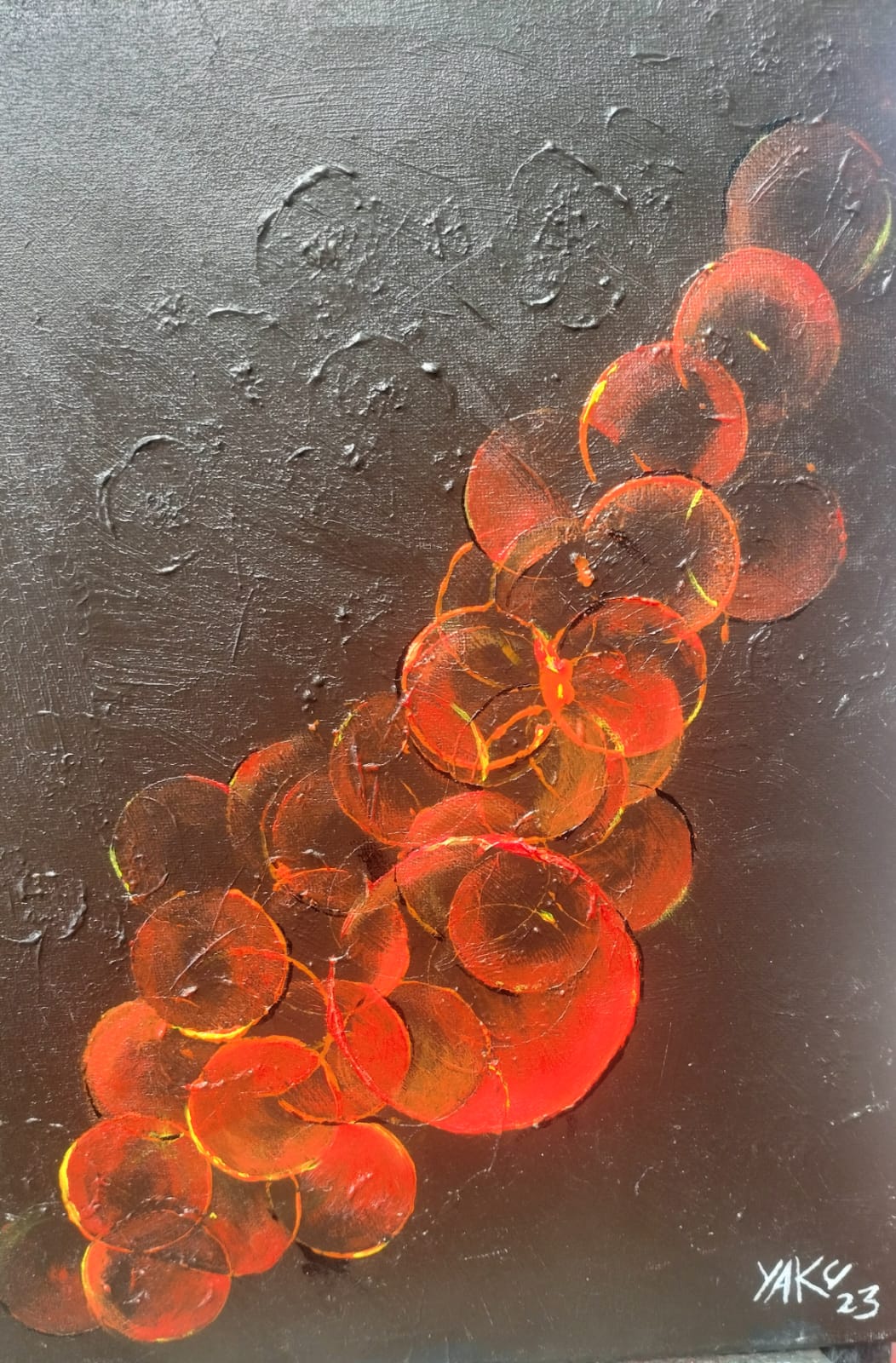 Good Vibes - original acrylic portrait by Yaku, glowing red and orange circles on dark textured canvas
