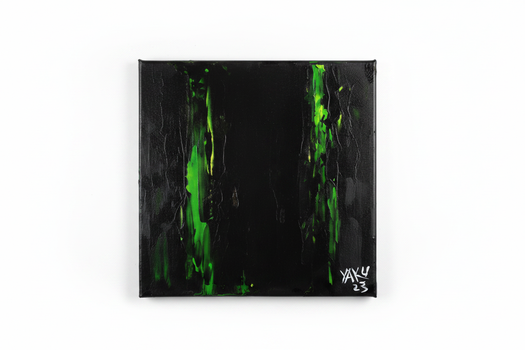 The Grinch Was Here — cleaned up product photo of original acrylic painting by Yaku, deep black canvas with two vivid neon green vertical brushstrokes