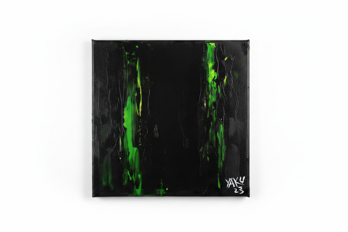 The Grinch Was Here — cleaned up product photo of original acrylic painting by Yaku, deep black canvas with two vivid neon green vertical brushstrokes