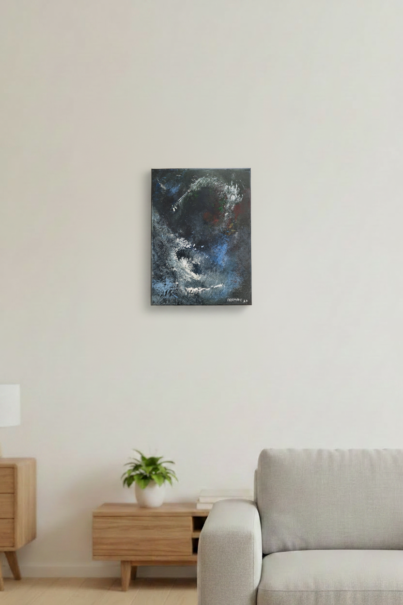 Stormlight Reverie, a small unframed portrait-format acrylic painting by Herman Groenewald displayed at realistic 42 by 29 centimetre scale in a warm lounge