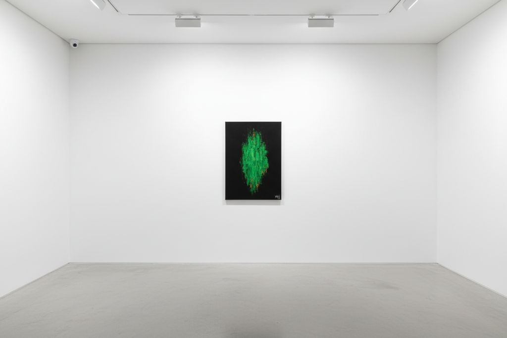 Images in Green by Yaku — gallery installation view, black canvas with vivid green brushstroke on white gallery wall