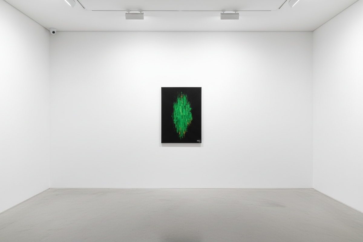 Images in Green by Yaku — gallery installation view, black canvas with vivid green brushstroke on white gallery wall