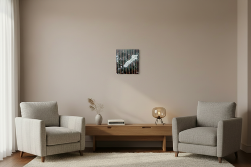 Brown Study by Yaku - original acrylic painting displayed at a smaller, natural scale above a console in a refined modern lounge