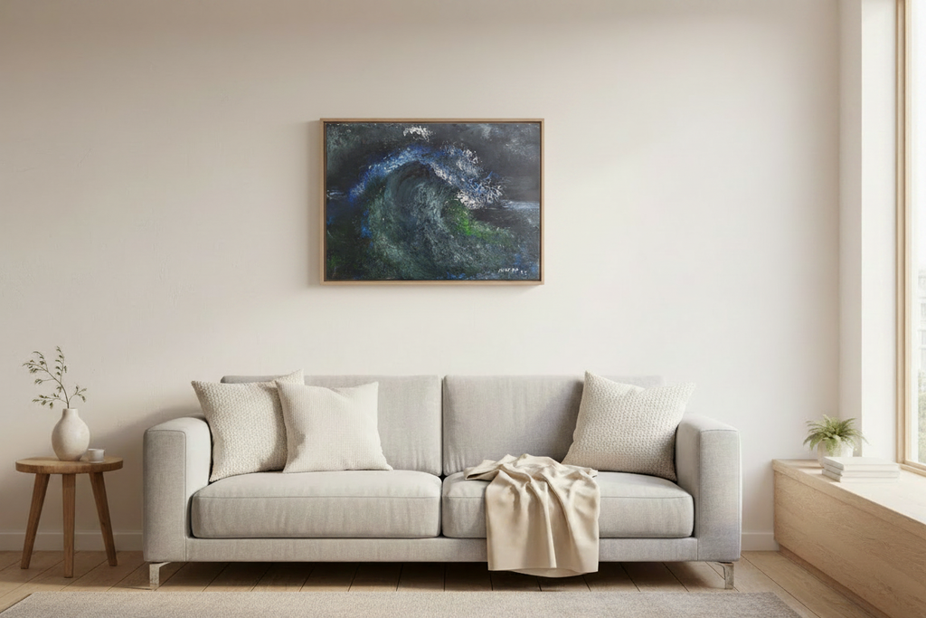 Midnight Currents, a signed abstract acrylic painting by Herman Groenewald shown at realistic 42 by 29 centimetre scale in a warm lounge