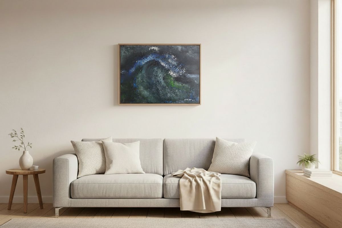 Midnight Currents, a signed abstract acrylic painting by Herman Groenewald shown at realistic 42 by 29 centimetre scale in a warm lounge