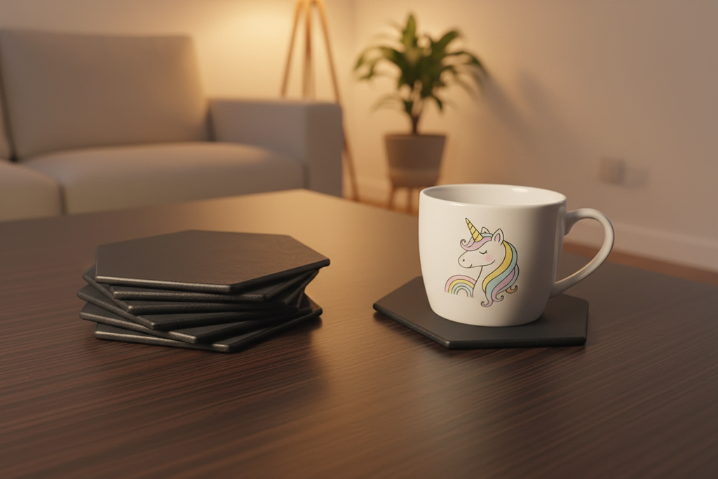 Black hexagonal leather coasters on a stylish coffee table with a unicorn and rainbow coffee cup