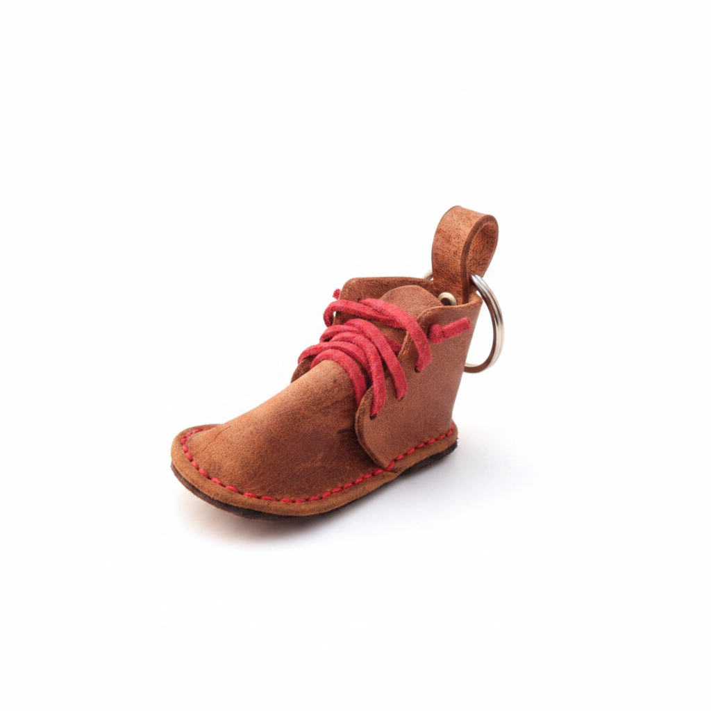 Handcrafted tan leather boot keyring with red laces - front three-quarter view on white background