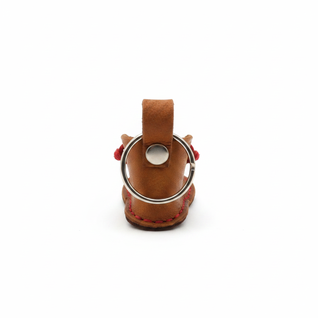 Handcrafted tan leather boot keyring - back angle showing keyring attachment on white background