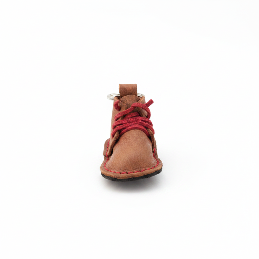 Handcrafted leather boot keyring - sole view showing red contrast stitching on white background
