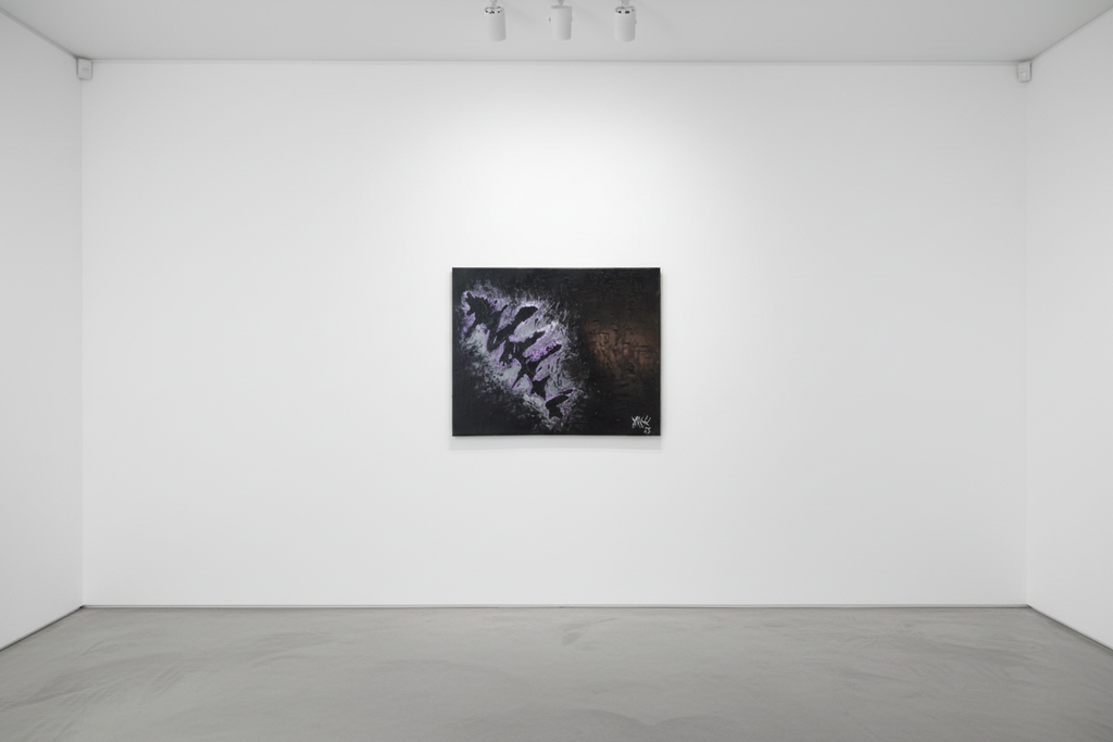 Softened Blow by Yaku — gallery installation view, modern white gallery with spotlighting highlighting the purple and black impasto texture