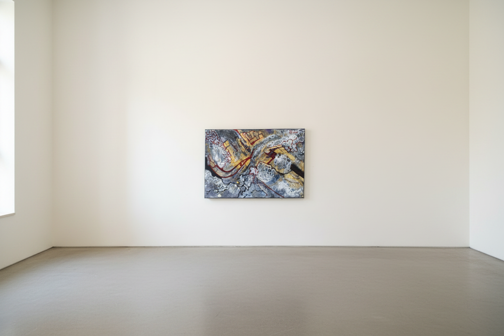 Gilded Currents acrylic painting by Herman Groenewald displayed at a smaller scale in a contemporary gallery
