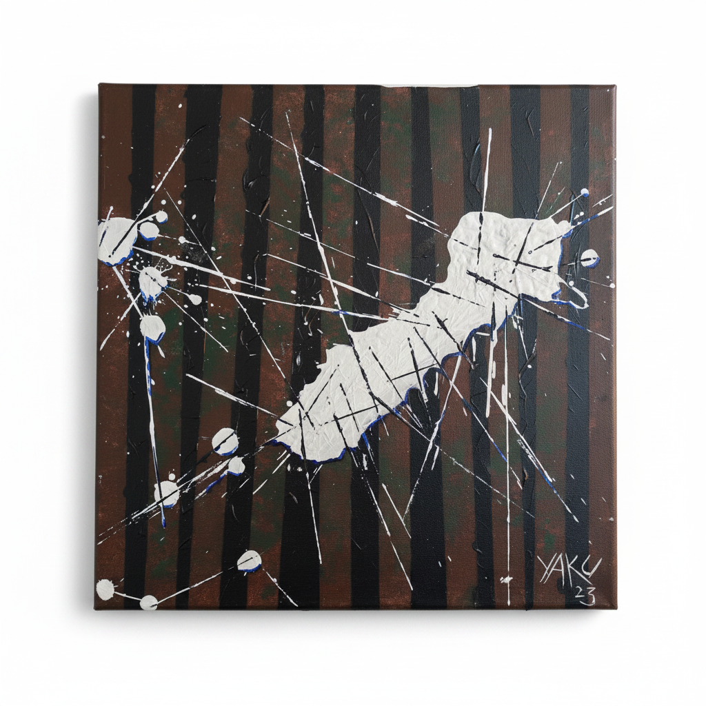 Brown Study by Yaku - enhanced original acrylic painting isolated on a clean white background, white bird in flight through dark brown vertical stripes with white paint splatter