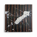 Brown Study by Yaku - enhanced original acrylic painting isolated on a clean white background, white bird in flight through dark brown vertical stripes with white paint splatter