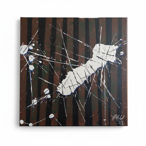 Brown Study by Yaku - enhanced original acrylic painting isolated on a clean white background, white bird in flight through dark brown vertical stripes with white paint splatter