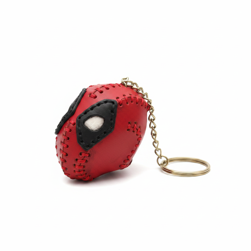 Handcrafted leather Deadpool head keyring - side view on white background