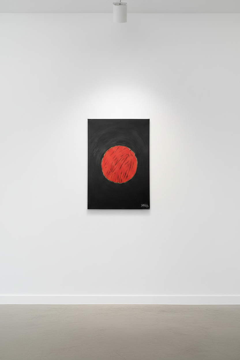 Eclipse by Yaku - original acrylic painting displayed at a smaller natural scale in a minimalist gallery setting, vivid red-orange circle on black canvas