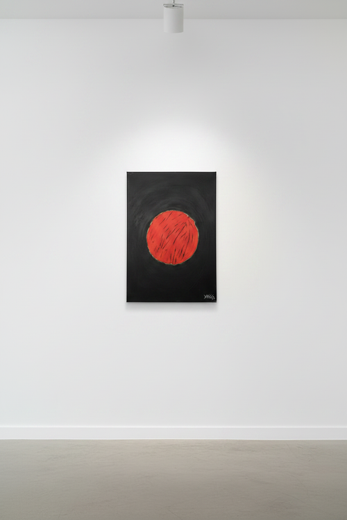 Eclipse by Yaku - original acrylic painting displayed at a smaller natural scale in a minimalist gallery setting, vivid red-orange circle on black canvas