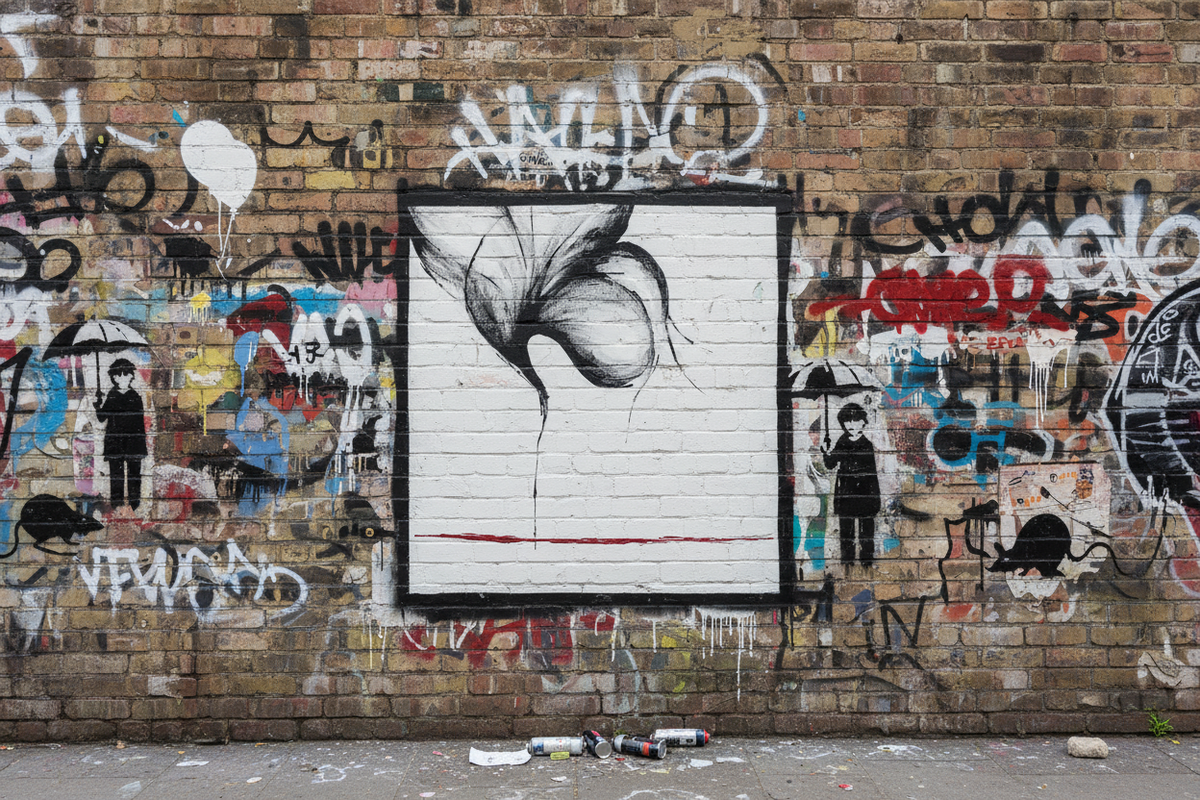 Tribute to Banksy by Yaku displayed on a Banksy-style urban graffiti wall