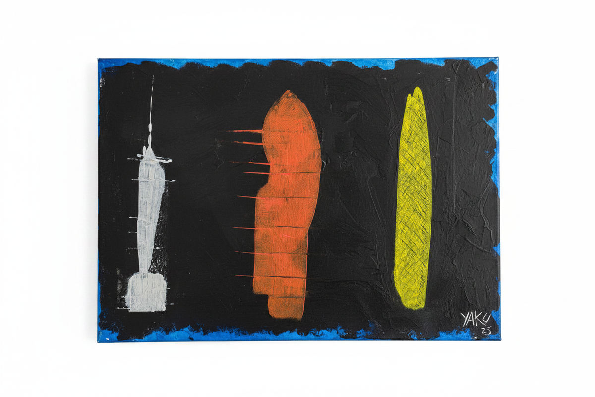 Three Voices by Yaku - enhanced original acrylic painting on a clean white background, three textured white, orange, and yellow forms on a black field with a blue edge