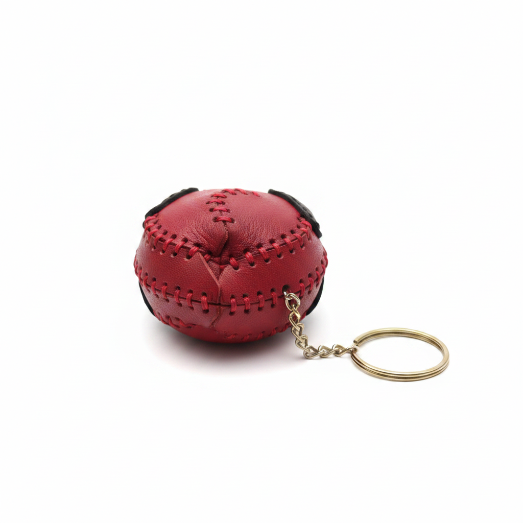 Handcrafted leather Deadpool head keyring - back view on white background