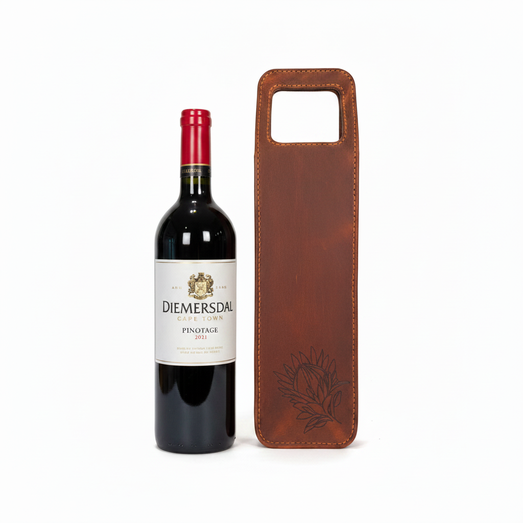 Leather wine holder single - front view with wine bottle on white background