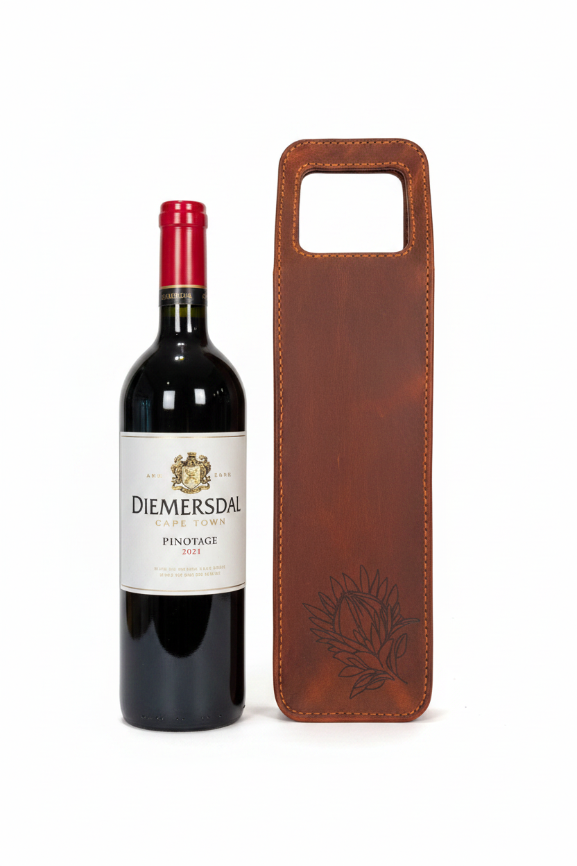 Leather wine holder single - front view with wine bottle on white background