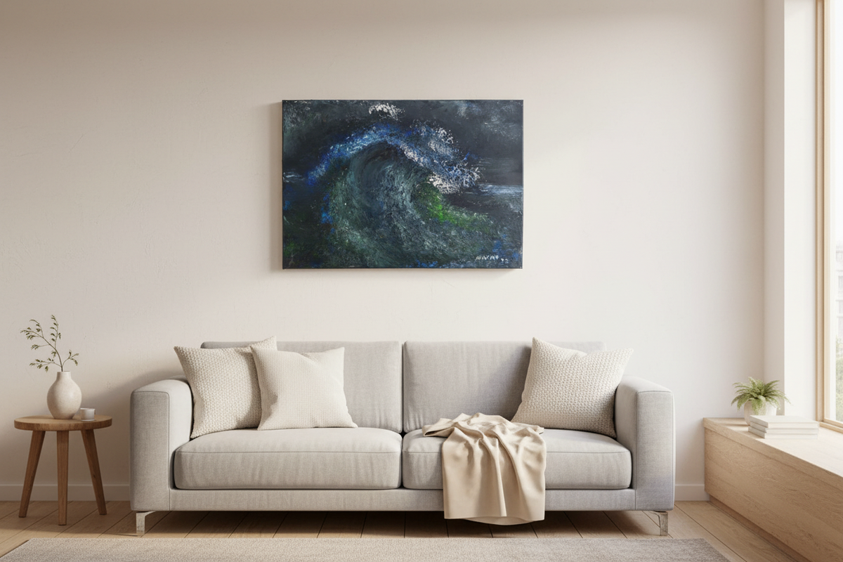 Midnight Currents, a signed abstract acrylic painting by Herman Groenewald displayed at realistic scale in a warm contemporary lounge