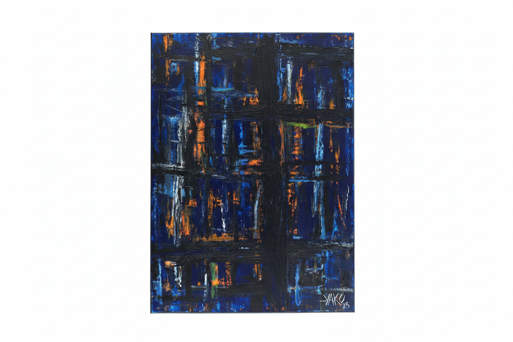Theory of Contrast by Yaku — clean studio shot, deep cobalt blue impasto grid with burning orange