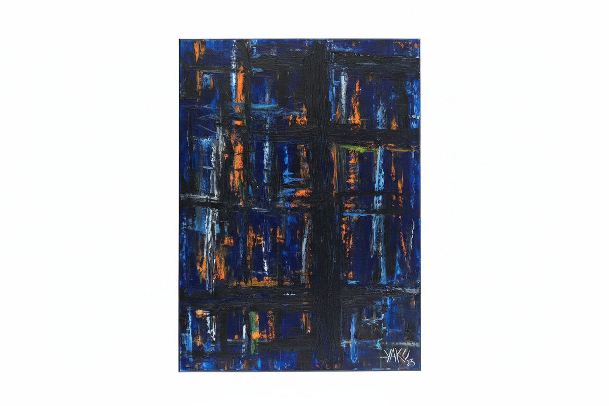 Theory of Contrast by Yaku — clean studio shot, deep cobalt blue impasto grid with burning orange