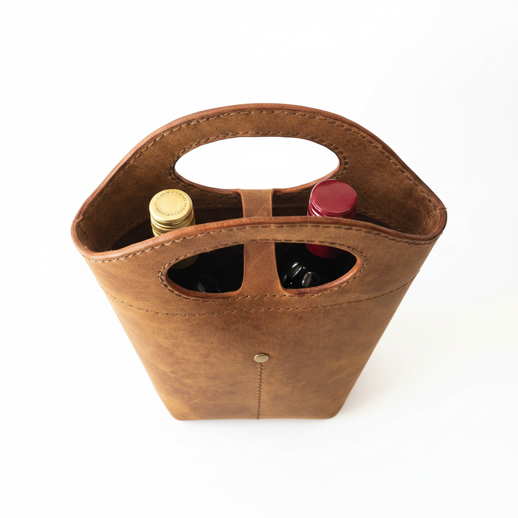 Leather wine holder duo - top-down interior view showing divider on white background