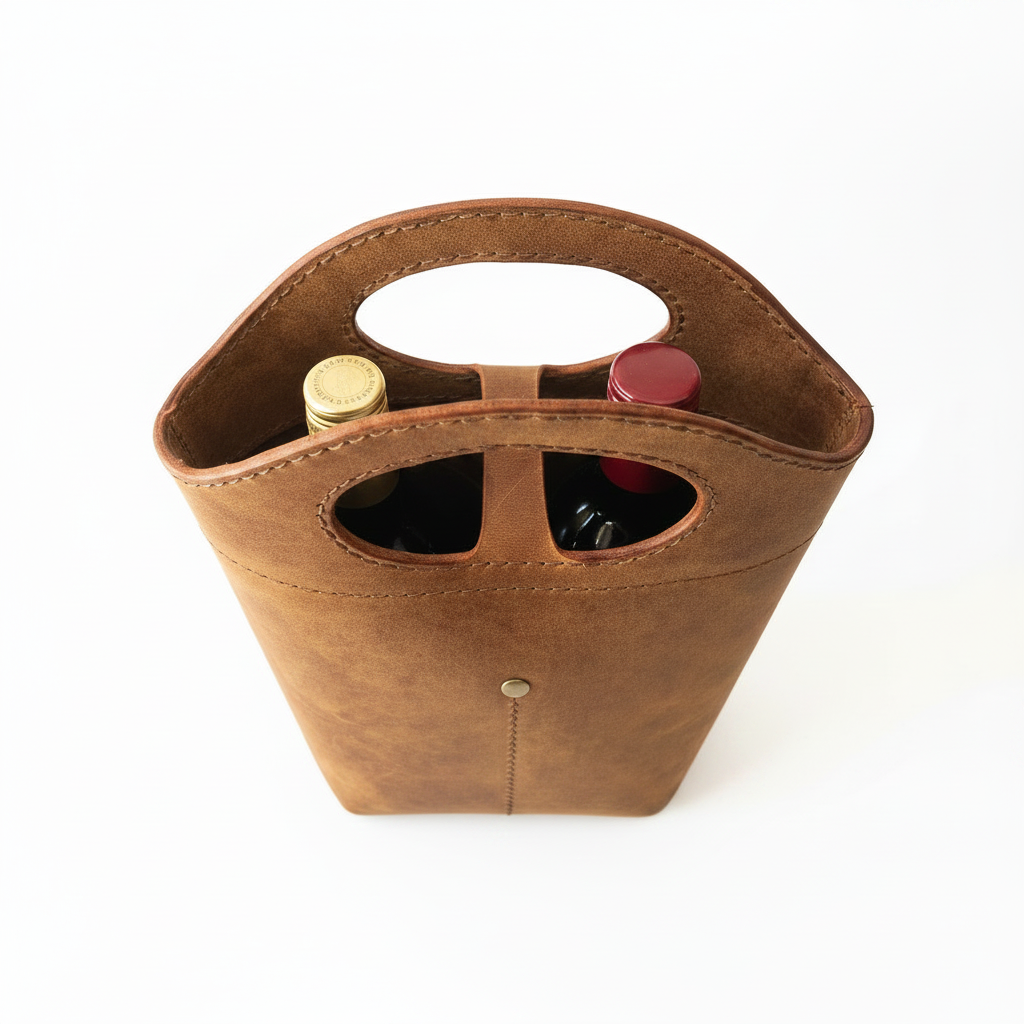 Leather wine holder duo - interior top-down view showing divider on white background