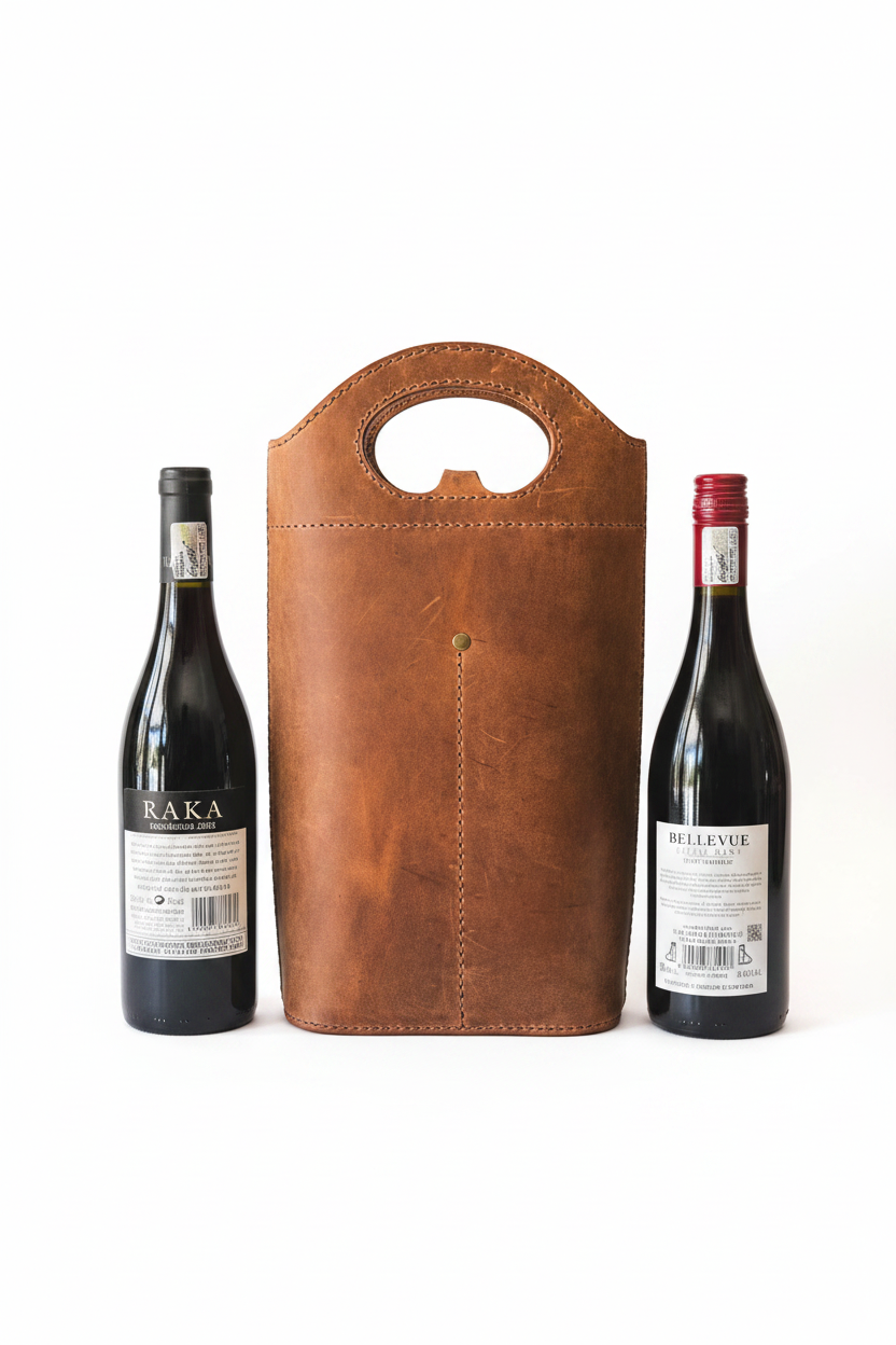Leather wine holder duo with two wine bottles on white background
