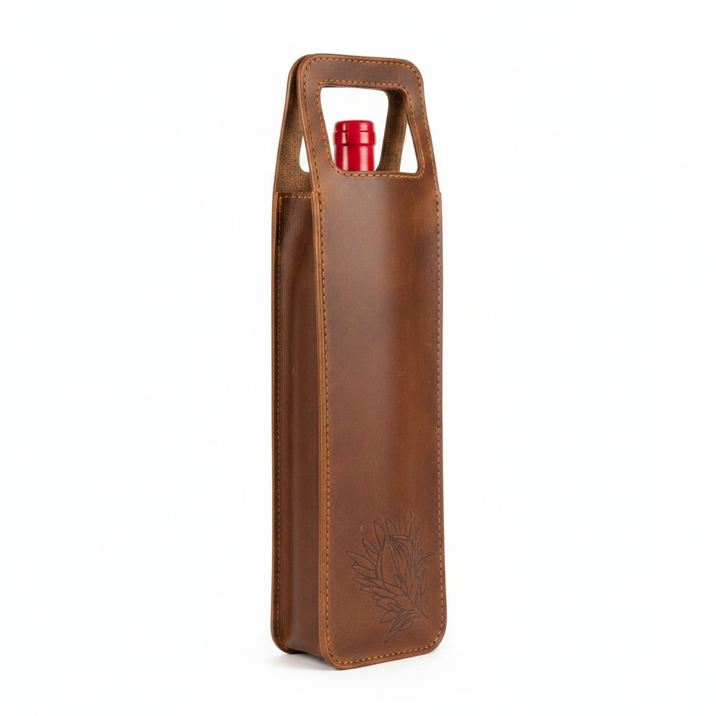 Leather wine holder single - with wine bottle inside showing embossed protea design on white background
