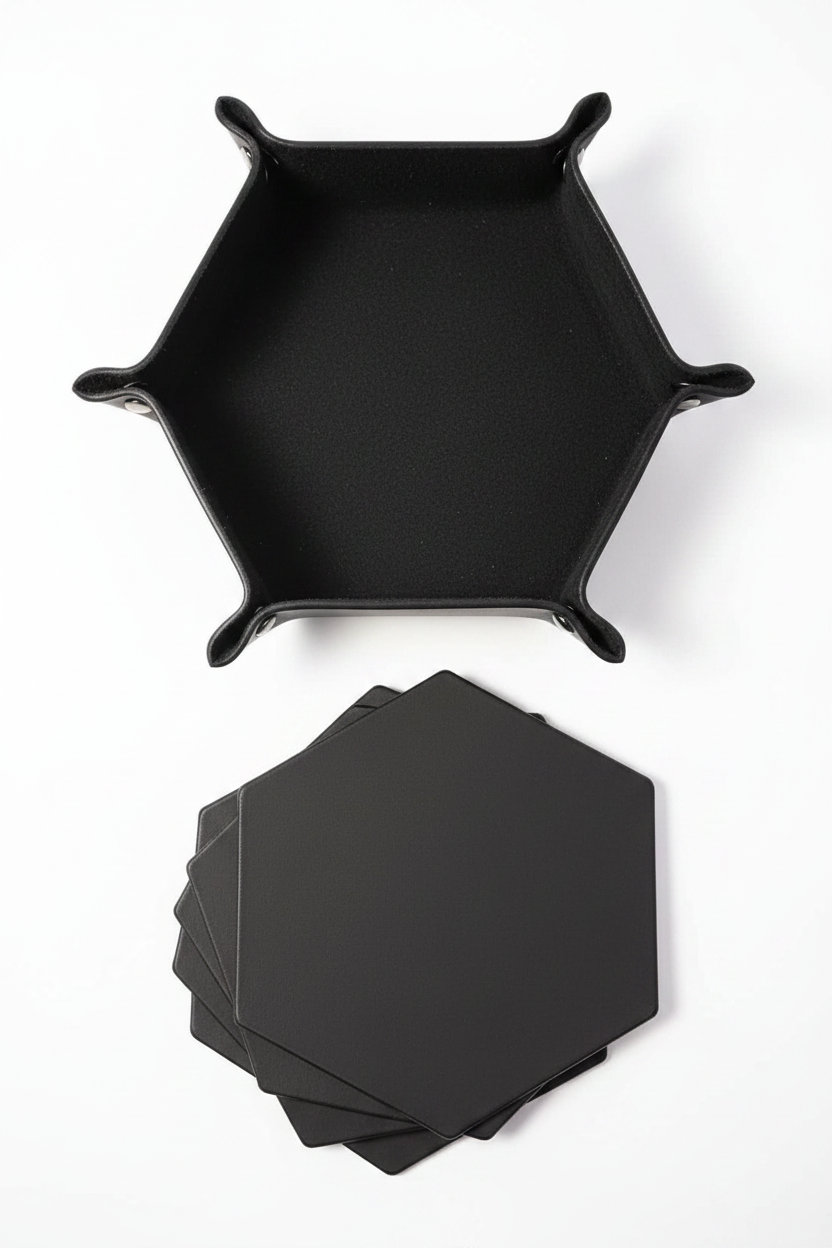Black hexagonal leather coasters and matching octagonal leather tray holder on white background