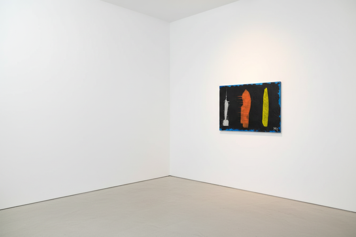 Three Voices by Yaku - original acrylic painting displayed at a small natural scale from a slight side angle in a spacious gallery