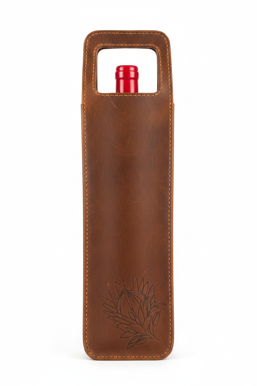 Leather wine holder single - with wine bottle inside showing embossed protea design on white background