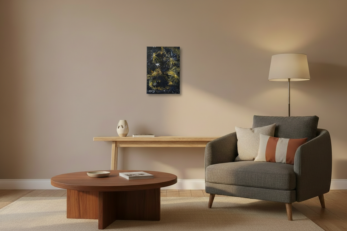 Night Garden original painting by Herman Groenewald shown at true 29 by 20 centimetre scale in a warm lounge