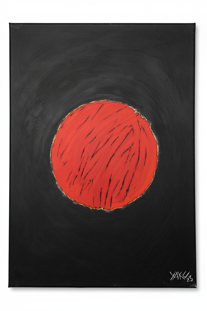 Eclipse by Yaku - enhanced original acrylic painting isolated on a clean white background, vivid red-orange circle on deep charcoal-black canvas