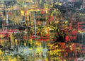 Intangible Dream - original acrylic landscape by Yaku, molten gold crimson and black grid on textured canvas