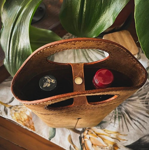 Leather wine holder duo - open top view showing divider