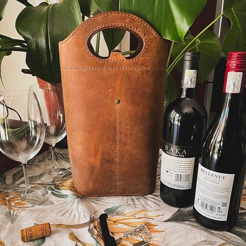 Leather wine holder duo - with two wine bottles