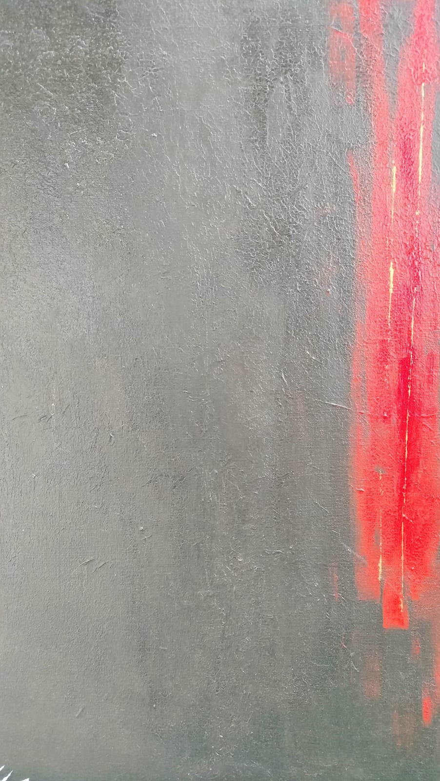 Passion Contained - original acrylic portrait by Yaku, blazing red column against vast textured grey canvas