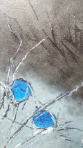 Science - original acrylic portrait by Yaku, cobalt blue cell forms on scratched grey and white canvas