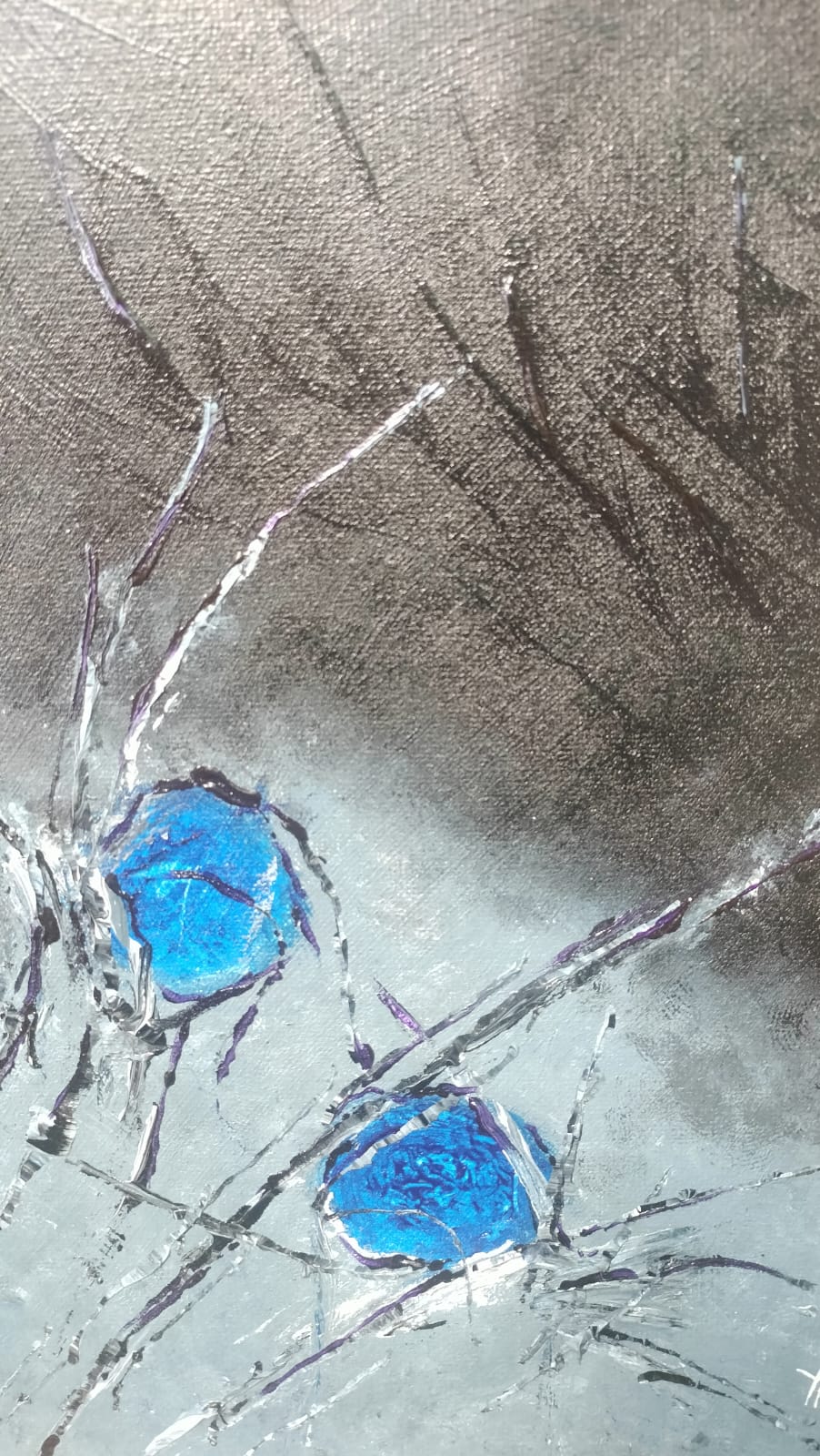 Science - original acrylic portrait by Yaku, cobalt blue cell forms on scratched grey and white canvas