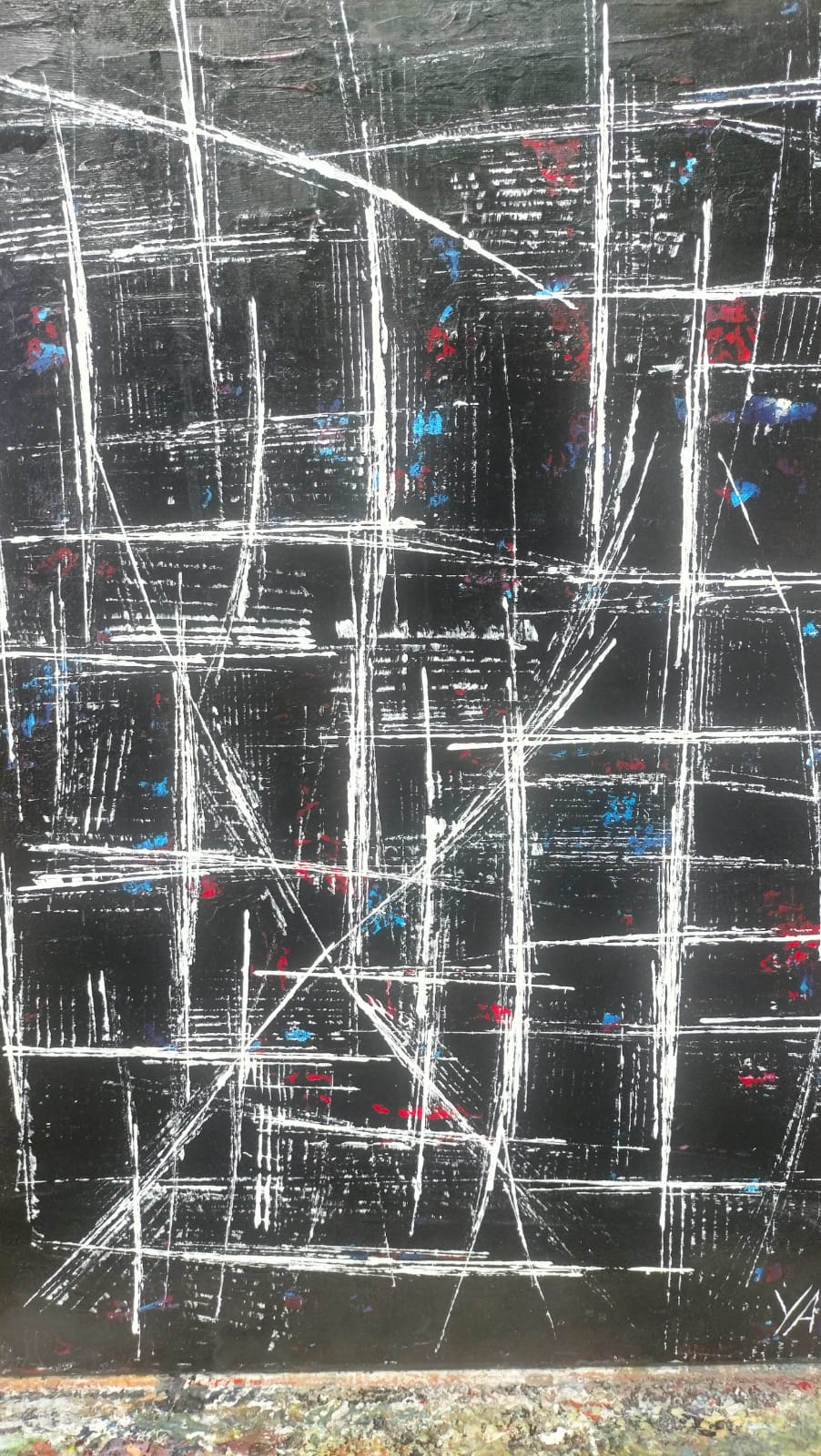 String Theory - original acrylic portrait by Yaku, white lines on black canvas with red and blue accents
