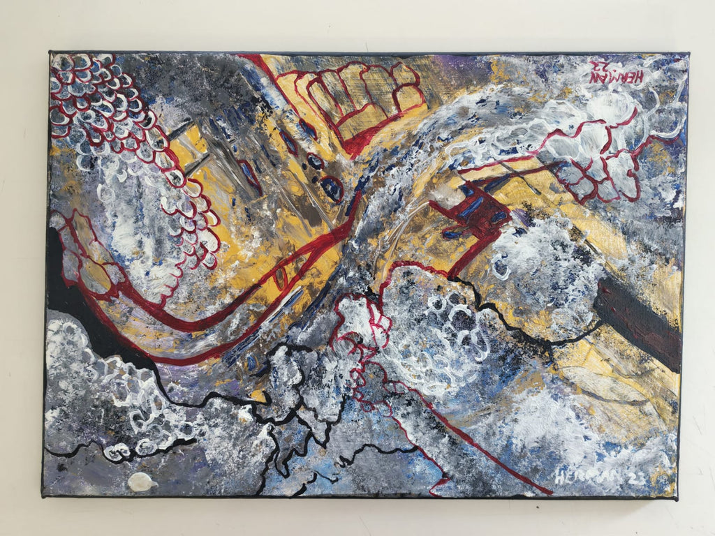 Gilded Currents abstract painting by Herman Groenewald in gold, crimson, blue, white, and charcoal